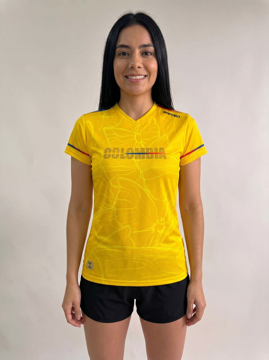 Camiseta Running Mujer Colombia Mariposas Amarilla — Edición Especial | Eleven