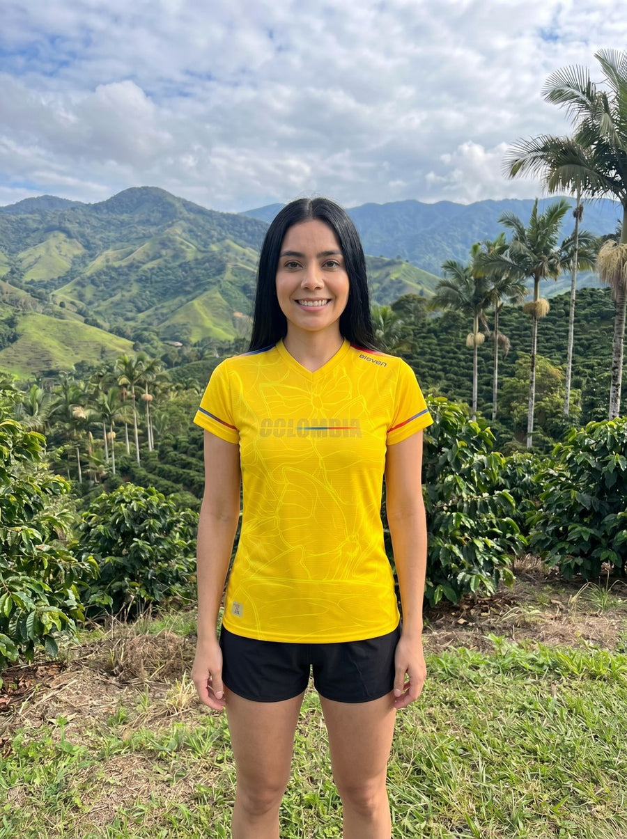 Camiseta Running Mujer Colombia Mariposas Amarilla — Edición Especial | Eleven